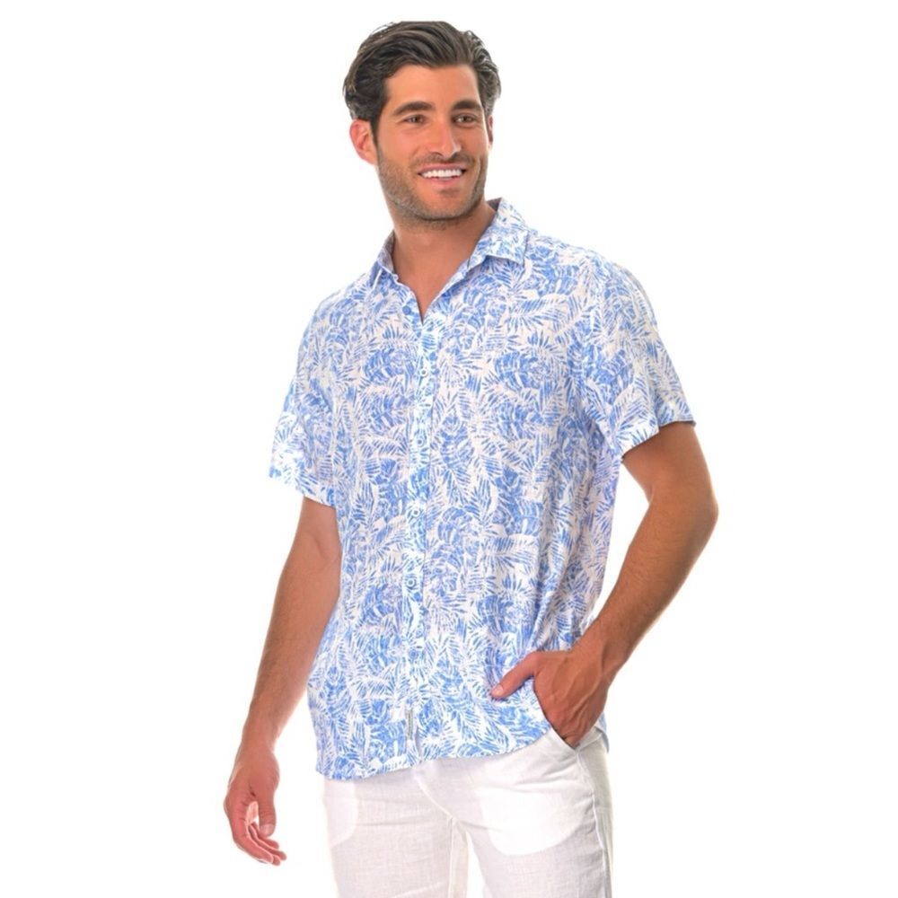 FREE LINE ATHENS Men's 100% LinenShort-Sleeve Button-Down Shirt Blue White